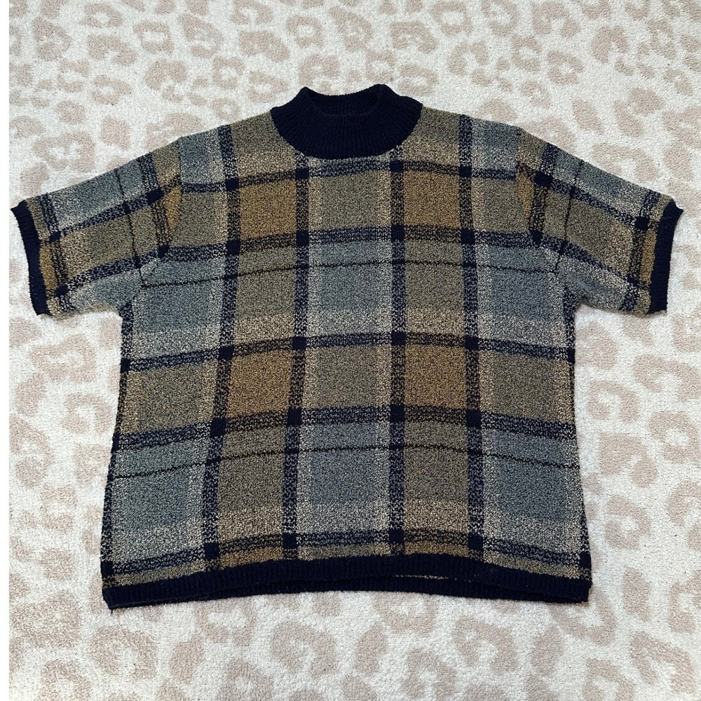 Petite Sophisticate Short Sleeve Sweater Plaid Mock Neck Vintage